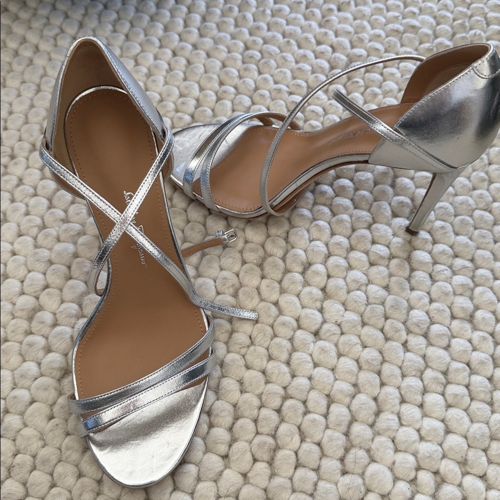 Salvatore Ferragamo mirror Silver Strappy Heels 8 NWT